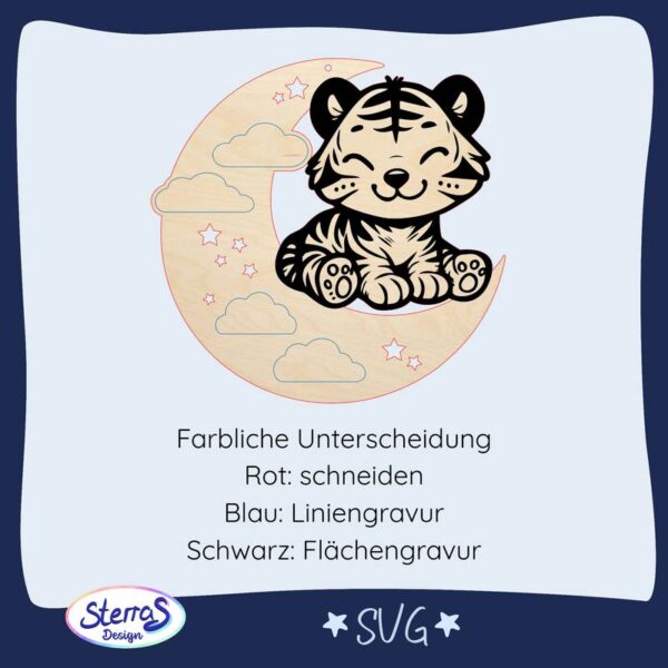 Digitale Laserdatei SVG mit Mond, Wolken, Sternen und Tiger, farbliche Markierung für Schneiden und Gravur, personalisierbar mit Geburtsdaten