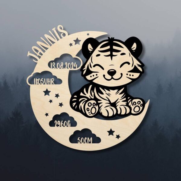 Digitale Laserdatei SVG rundes Holzschild mit Mond, Wolken, Sternen und Tiger, personalisiert mit Namen und Geburtsdaten, schwarzer Farbverlauf-Hintergrund