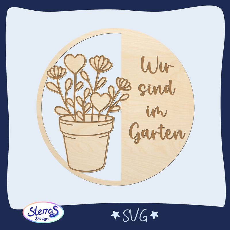 Rundes Holzkürschild SVG mit Blumentopf links, Gravur ‚Wir sind im Garten‘ rechts, umrandet von blauem Rahmen mit Logo, digitales personalisierbares Gartenschild