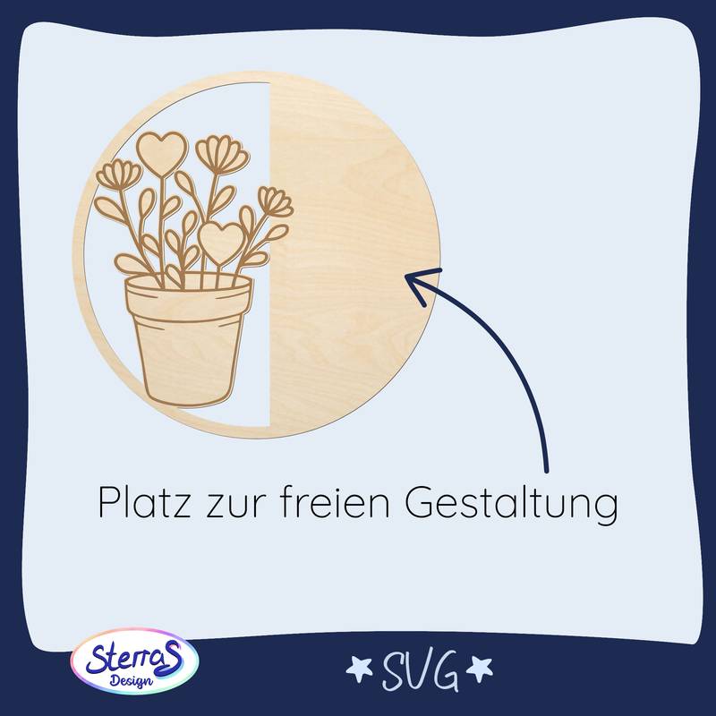 Rundes Holzkürschild SVG mit Blumentopf links und Platz zur freien Gestaltung rechts, keine Gravur, digitales personalisierbares Türschild für Garten