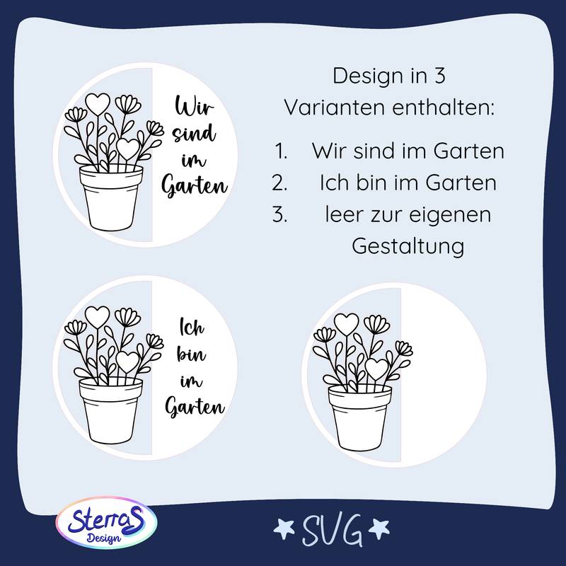 Rundes Holztürschild SVG mit Blumentopf links, Blumen und zwei Herzstecker, rechts drei Varianten zur Auswahl: Gravur ‚Wir sind im Garten‘, ‚Ich bin im Garten‘ oder leer zur eigenen Gestaltung, digitales personalisierbares Gartenschild