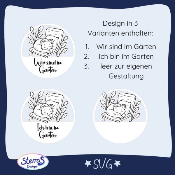Drei Varianten rundes Holzkürschild SVG: ‚Wir sind im Garten‘, ‚Ich bin im Garten‘ und leer zur Personalisierung, digitale Gartenschilder mit Katze und floralen Motiven.