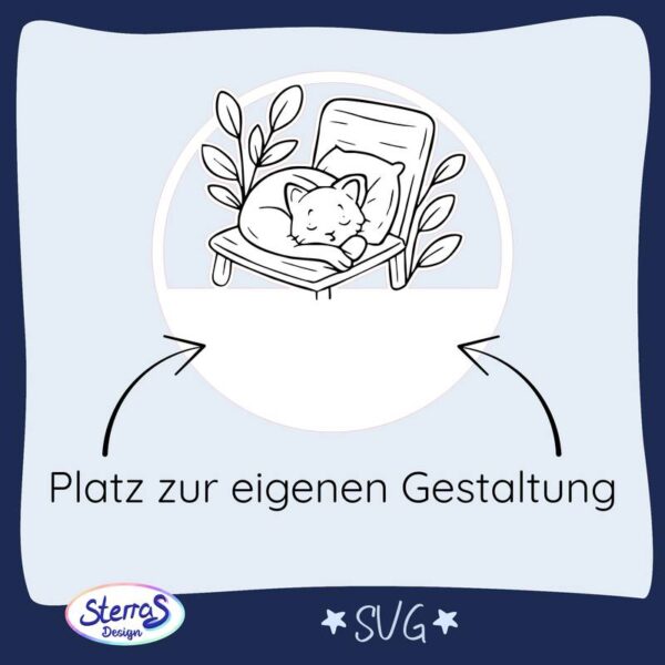 Leeres rundes Gartenschild SVG mit Katze auf Liege und floralen Elementen, digital personalisierbar, Platz für eigene Gravur oder Text.“