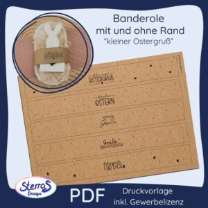 Vorschau der PDF-Druckvorlage für Oster-Banderolen in Kraftpapier-Optik inklusive Gewerbelizenz und Anwendungsfoto.