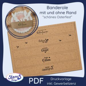 Produktbild der PDF-Druckvorlage Schönes Osterfest für braune Banderolen mit verschiedenen Designs und Gewerbelizenz.