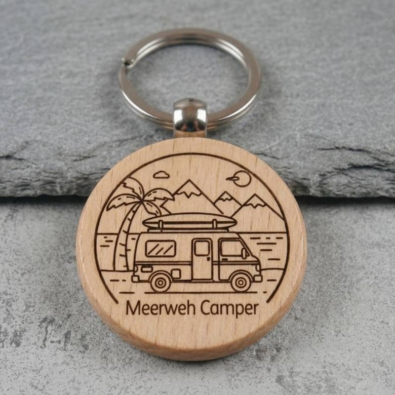 Fokus auf das Design „Meerweh Camper“ auf einem runden Holzrohling, platziert auf einem grauen Naturstein.