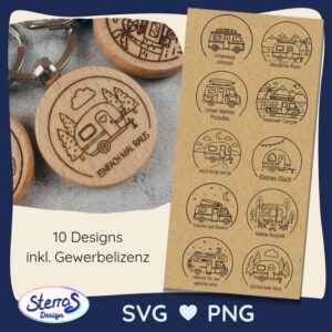Nahaufnahme eines runden Holzanhängers mit der Gravur eines Wohnwagens und dem Text „Einfach mal raus“ vor einem hellen Hintergrund mit Logo-Einblendung.