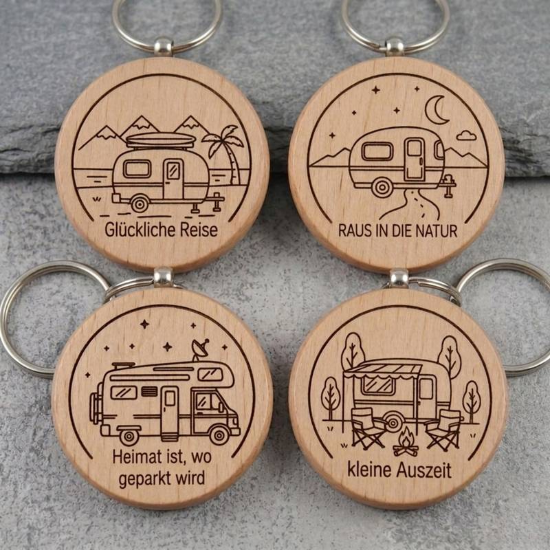 Vier verschiedene Designs („Glückliche Reise“, „Raus in die Natur“, „Heimat ist, wo geparkt wird“, „Kleine Auszeit“) gleichmäßig angeordnet auf einem dunklen Steinhintergrund.