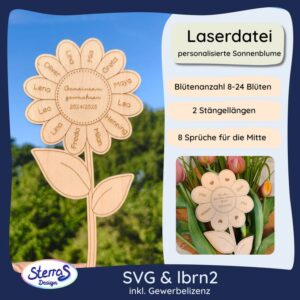 Übersichtsgrafik: Personalisierbare Sonnenblume als Laserdatei. Zeigt Varianten mit 8 bis 24 Blütenblättern und zwei Stängellängen.