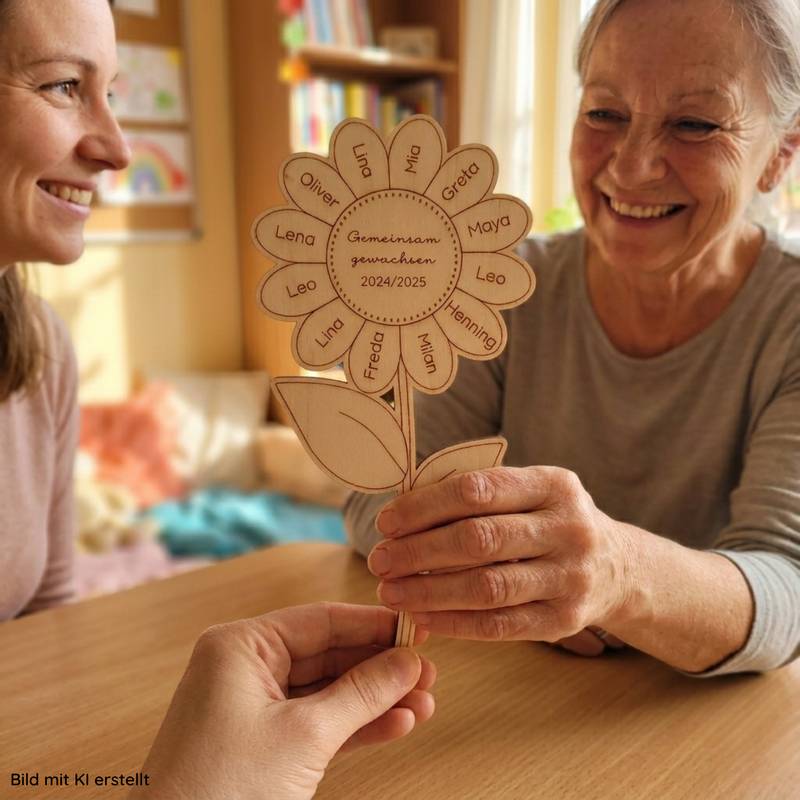 Eine Person überreicht eine hölzerne Sonnenblume an eine Erzieherin in einem Kindergarten.